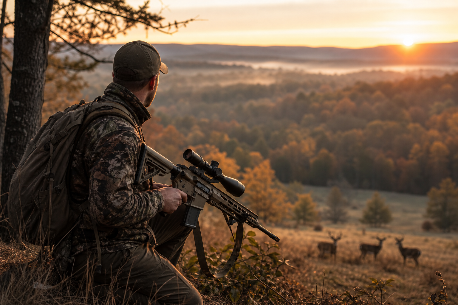 A camouflaged hunter kneeling on a ridge at sunrise, holding a scoped AR-15 with an FDE upper, glassing whitetail deer in an autumn field below.