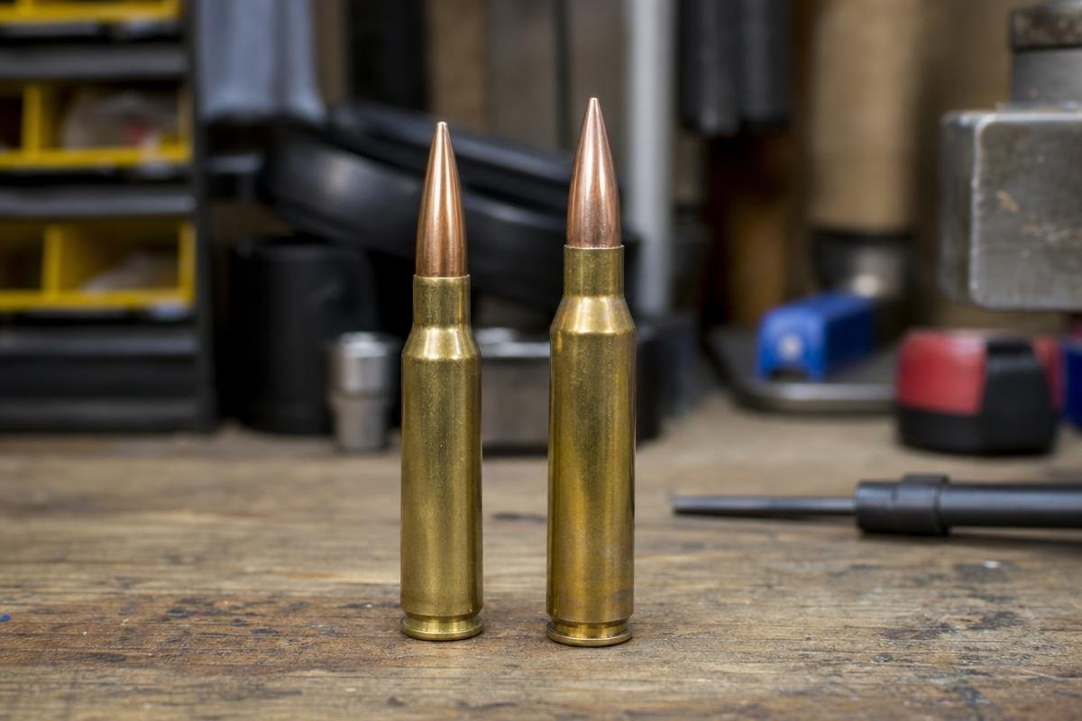 Two rifle cartridges standing upright on a wooden workbench.
