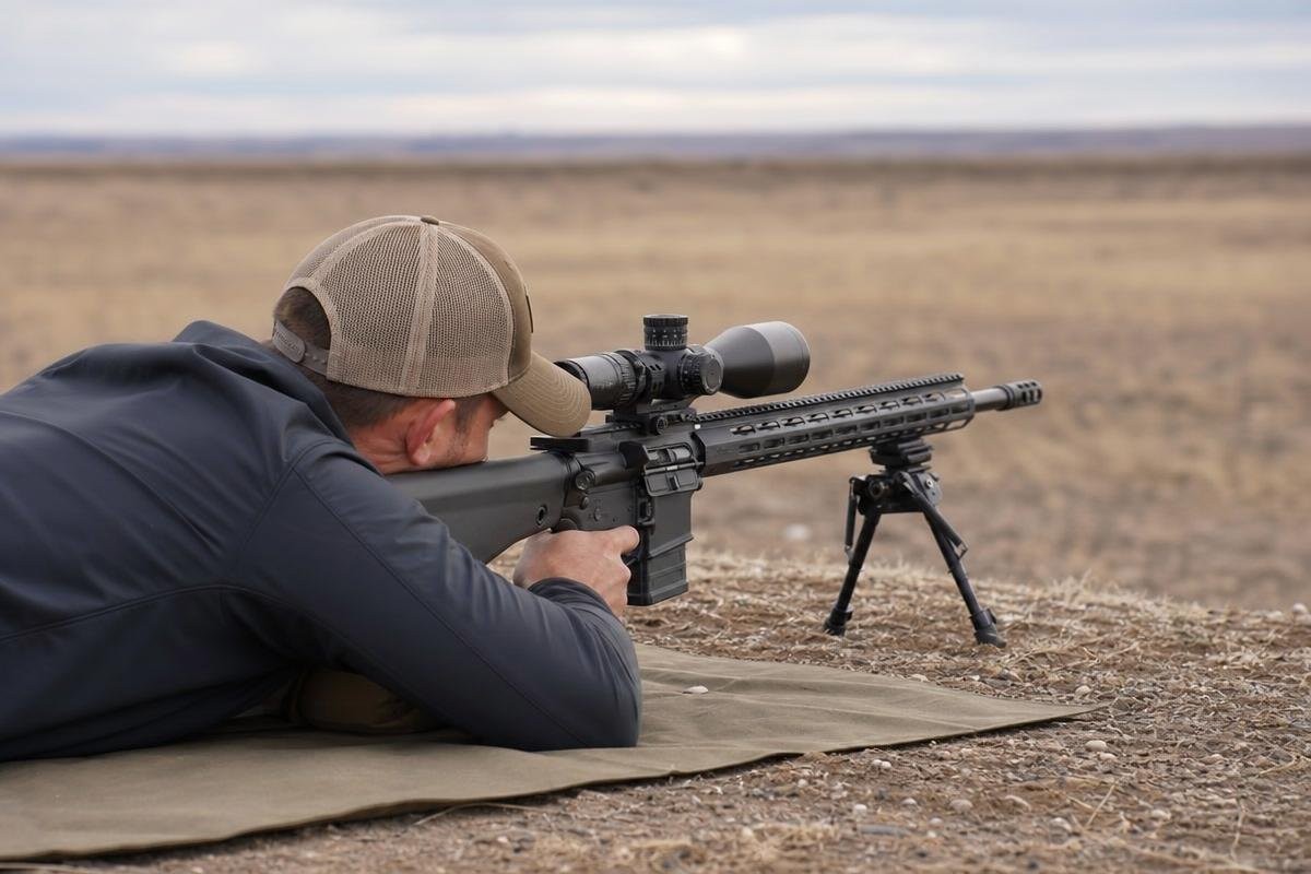A shooter in a cap and jacket aiming a precision rifle with a fixed stock from a prone position in an open field.