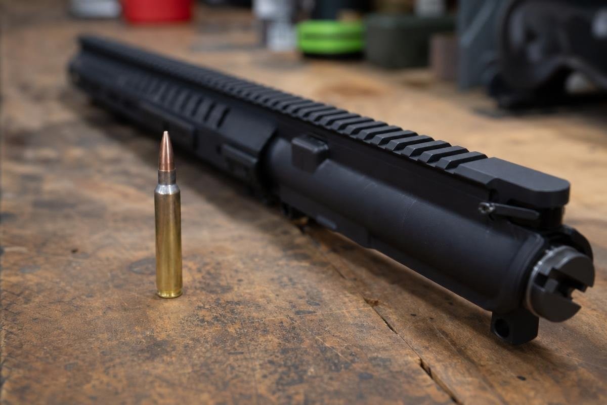 A 338 ARC cartridge standing upright on a wooden workbench in front of an AR-15 upper receiver.