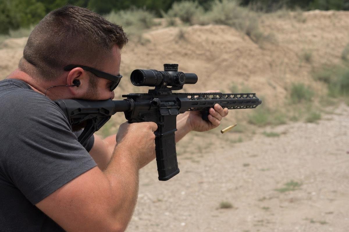 A shooter firing a rifle from a bench at an outdoor range.