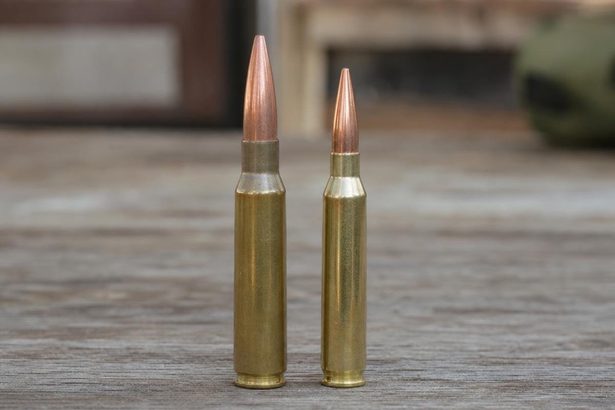 A 338 ARC cartridge and a 5.56 NATO cartridge standing side by side on a wooden surface.