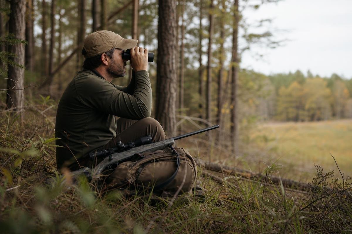 A hunter sitting in the woods glassing with binoculars and a rifle resting across their lap.