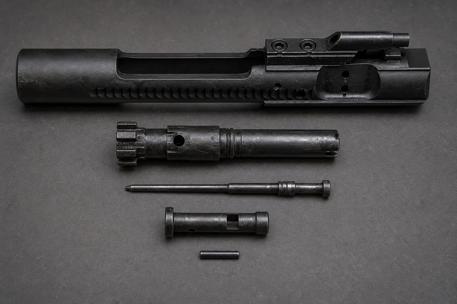 A disassembled AR-15 bolt carrier group laid out on a dark surface, showing the carrier, bolt, firing pin, cam pin, and retaining pin.