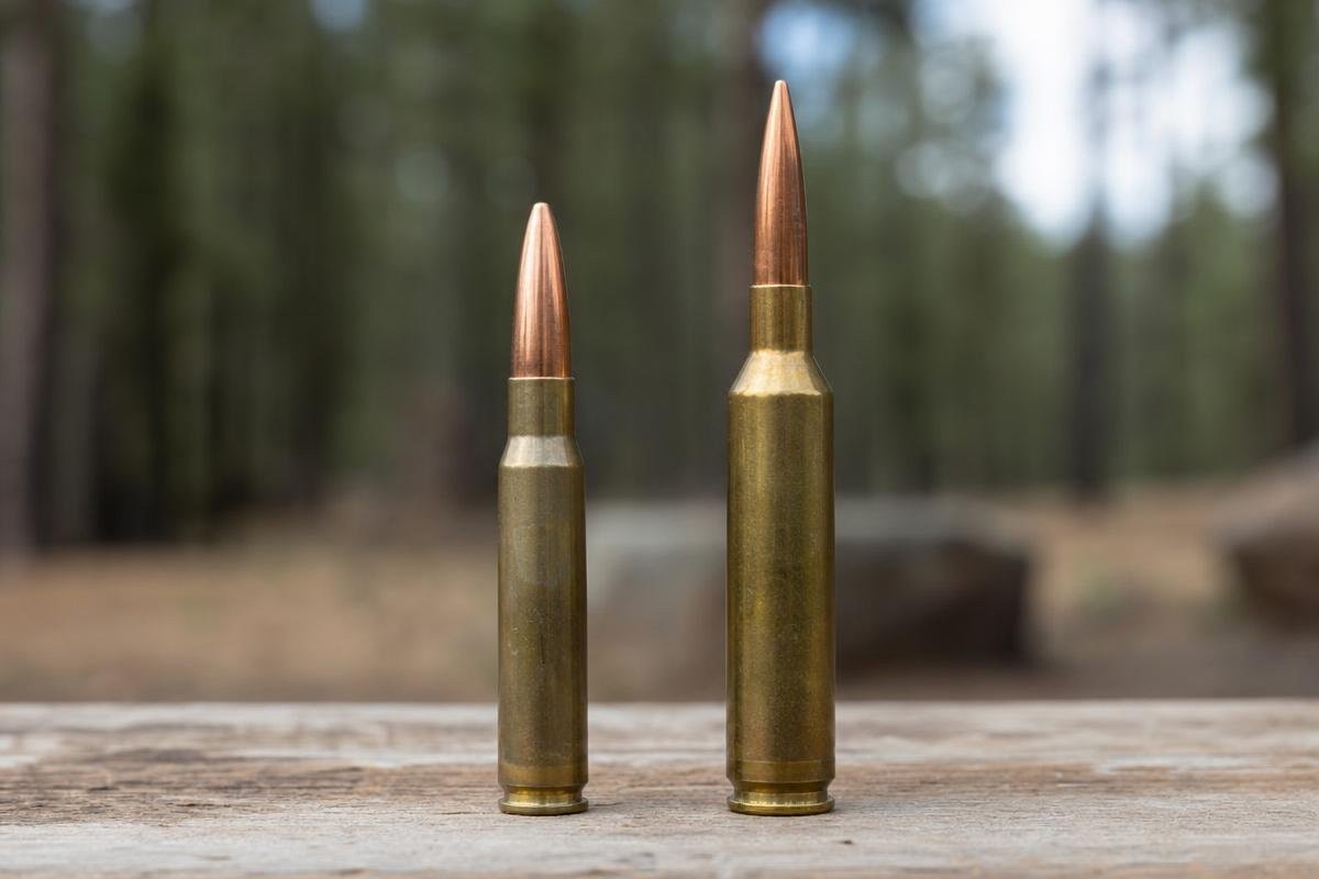 Two rifle cartridges of different lengths standing upright on a weathered wood surface with pine timber blurred in the background.