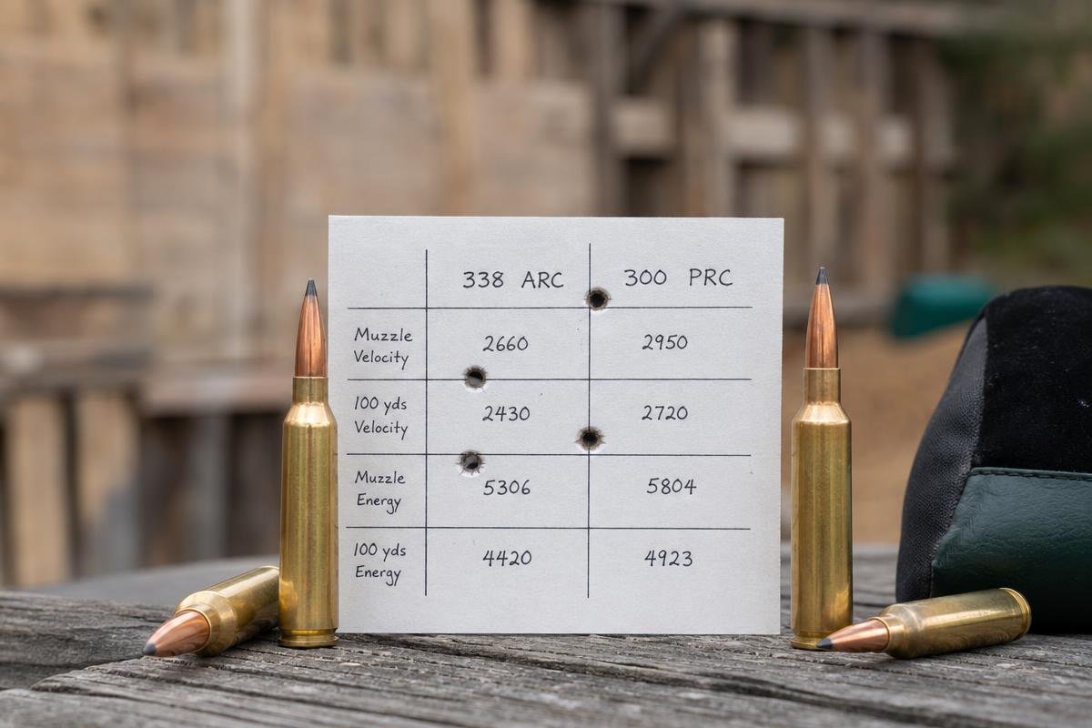 338 ARC vs 300 PRC ballistics comparison chart showing muzzle velocity and energy