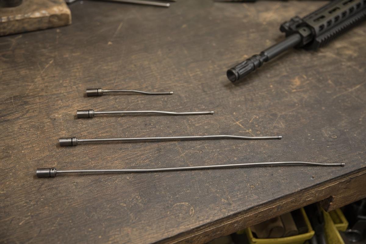 Four different lengths of AR-15 gas tubes laid out on a workbench.
