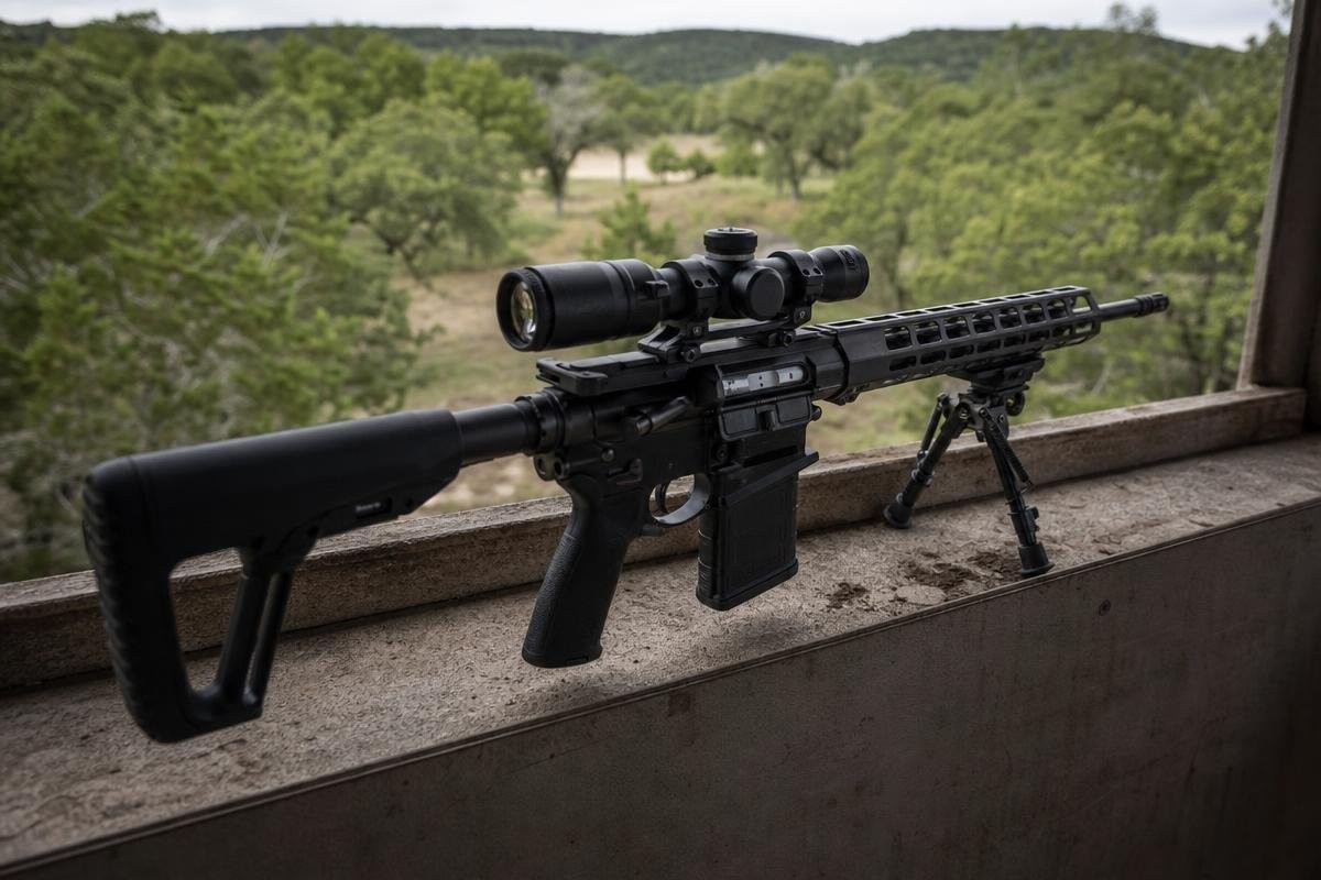 A rifle with a scope and bipod resting on a wooden ledge overlooking a wooded area.