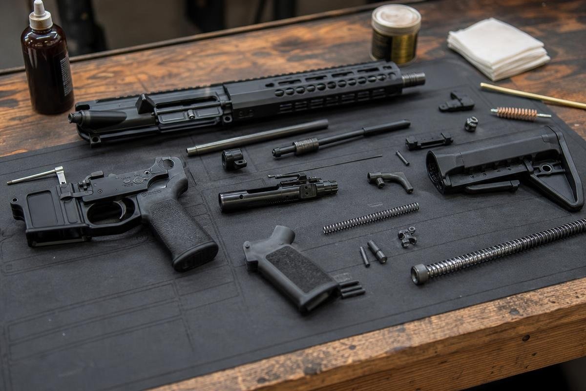 A disassembled AR-15 rifle laid out on a cleaning mat with maintenance tools and supplies.