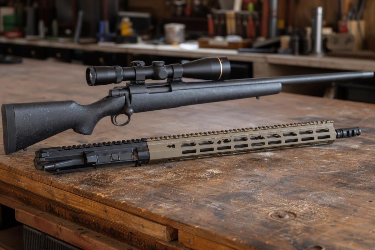 A scoped bolt-action rifle and a long FDE-handguard AR upper receiver resting side by side on a wooden workbench.
