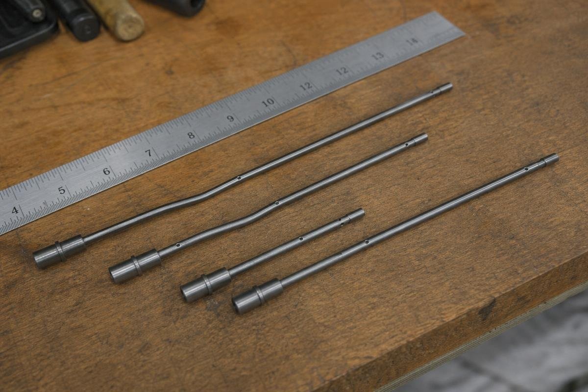 Four AR-15 barrels of varying lengths laid out on a wooden workbench next to a metal ruler.