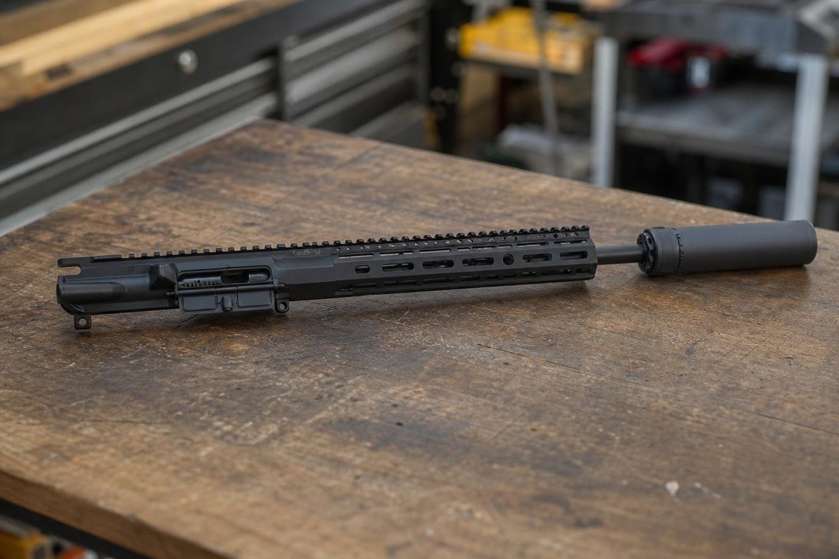 A 338 ARC upper receiver assembly with a handguard and suppressor attached, resting on a wooden workbench.