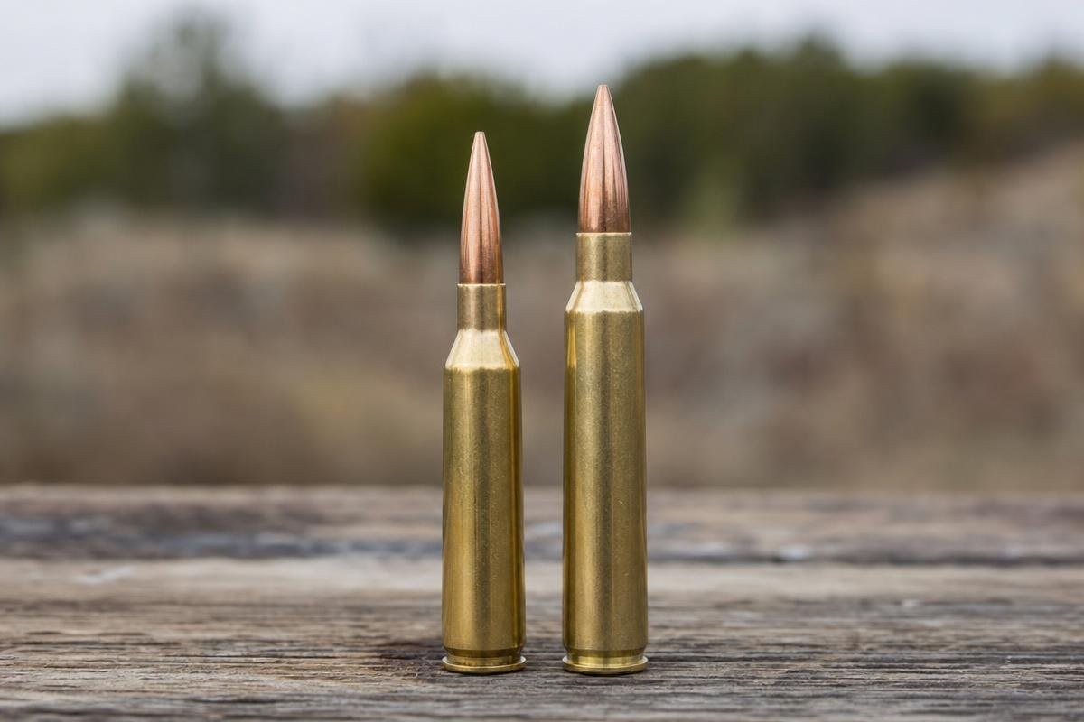 Two belted magnum rifle cartridges standing upright on a wooden surface.
