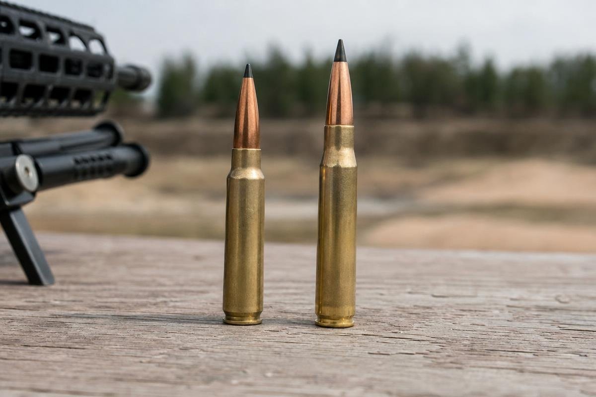 Two rifle cartridges standing upright on a weathered wood surface with an AR handguard and bipod visible at the left edge.