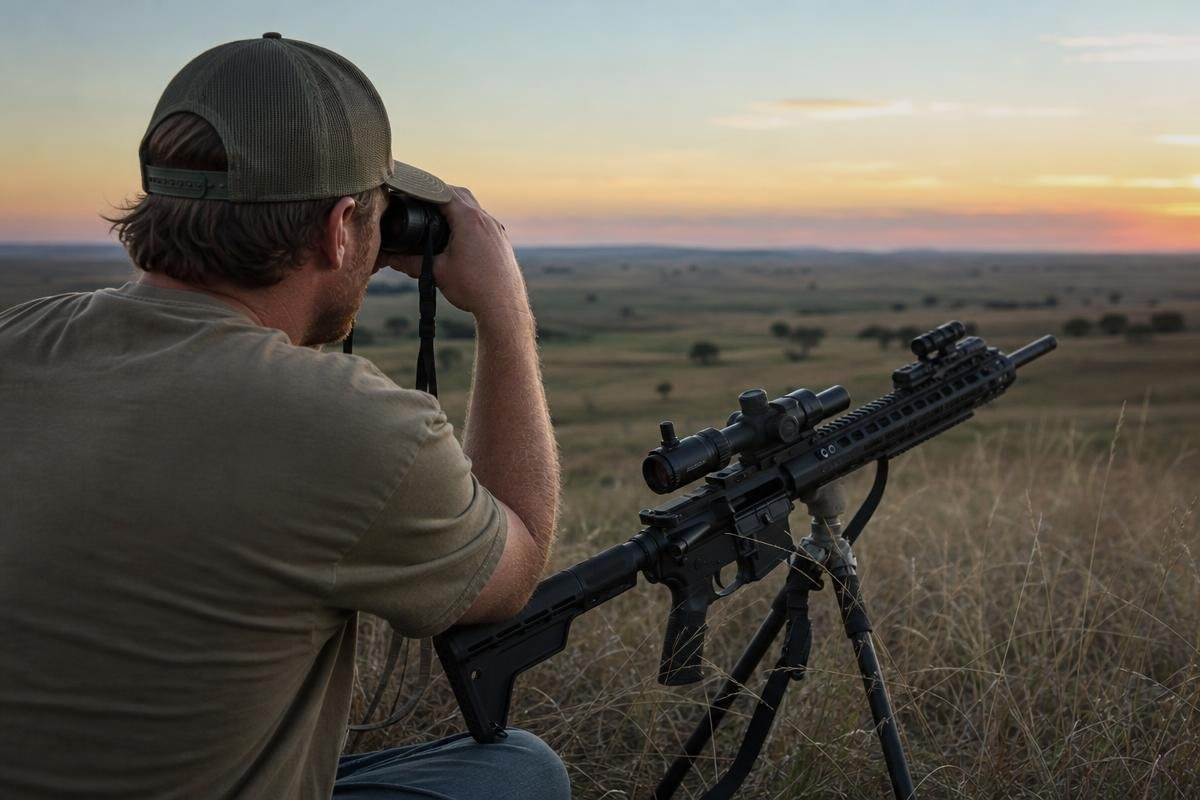 A hunter glassing open country with a rifle resting on a tripod.