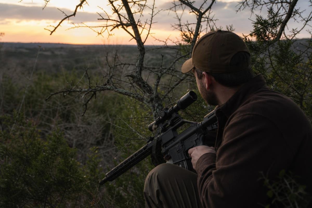 A hunter shouldering a rifle at sunset in a wooded area.