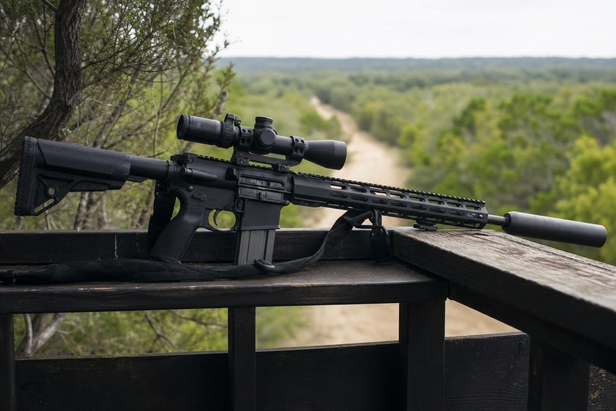 A rifle with a scope and suppressor resting on a wooden railing overlooking a wooded landscape.