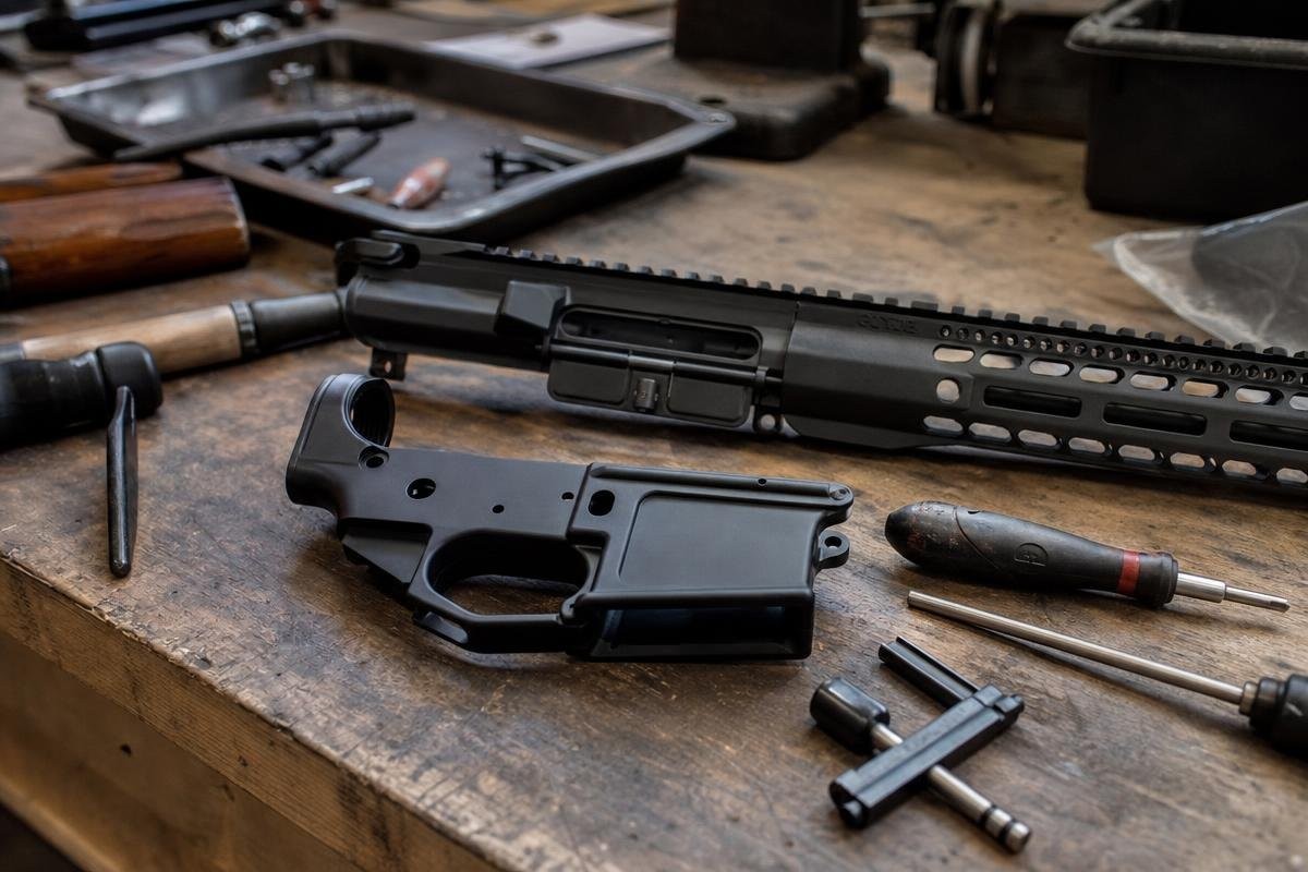An AR-10 upper receiver and lower receiver laid out on a workbench with assembly tools.