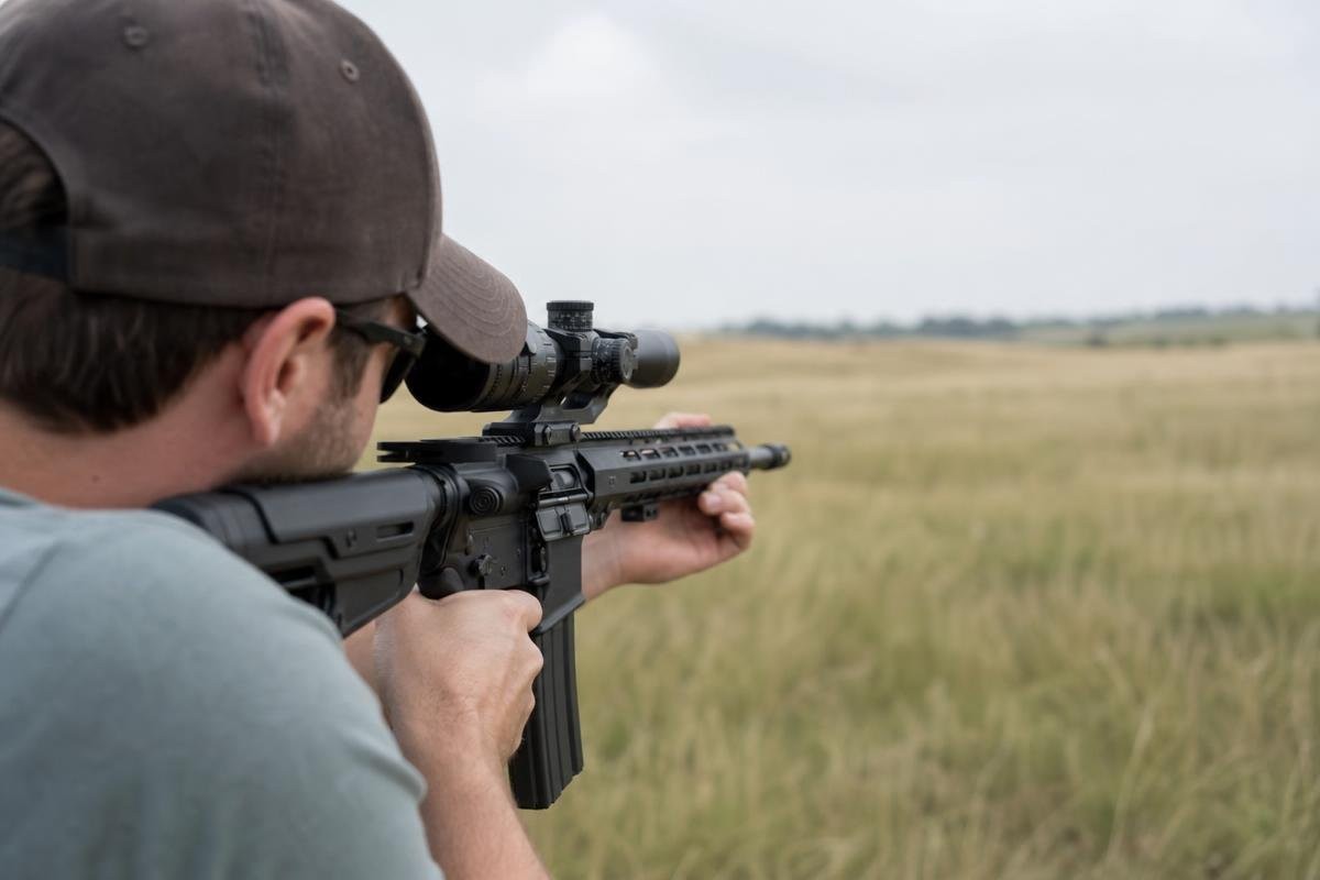 A shooter aiming an AR-15 rifle equipped with an LPVO scope in an open field.