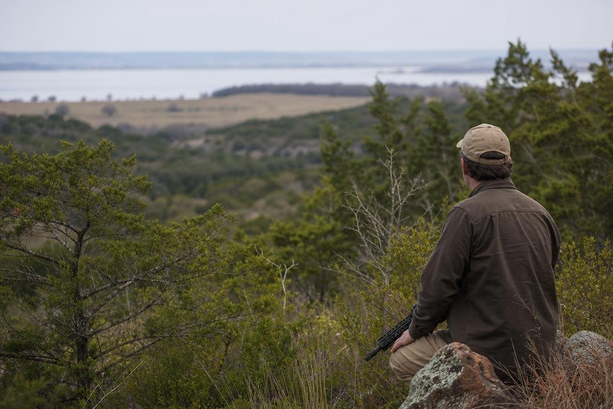 A hunter sitting on a rocky outcrop overlooking a landscape of trees and a distant lake.