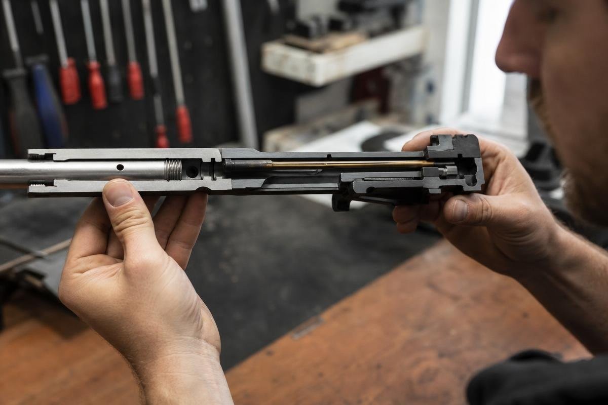 A person holding a disassembled rifle bolt carrier group and gas tube.