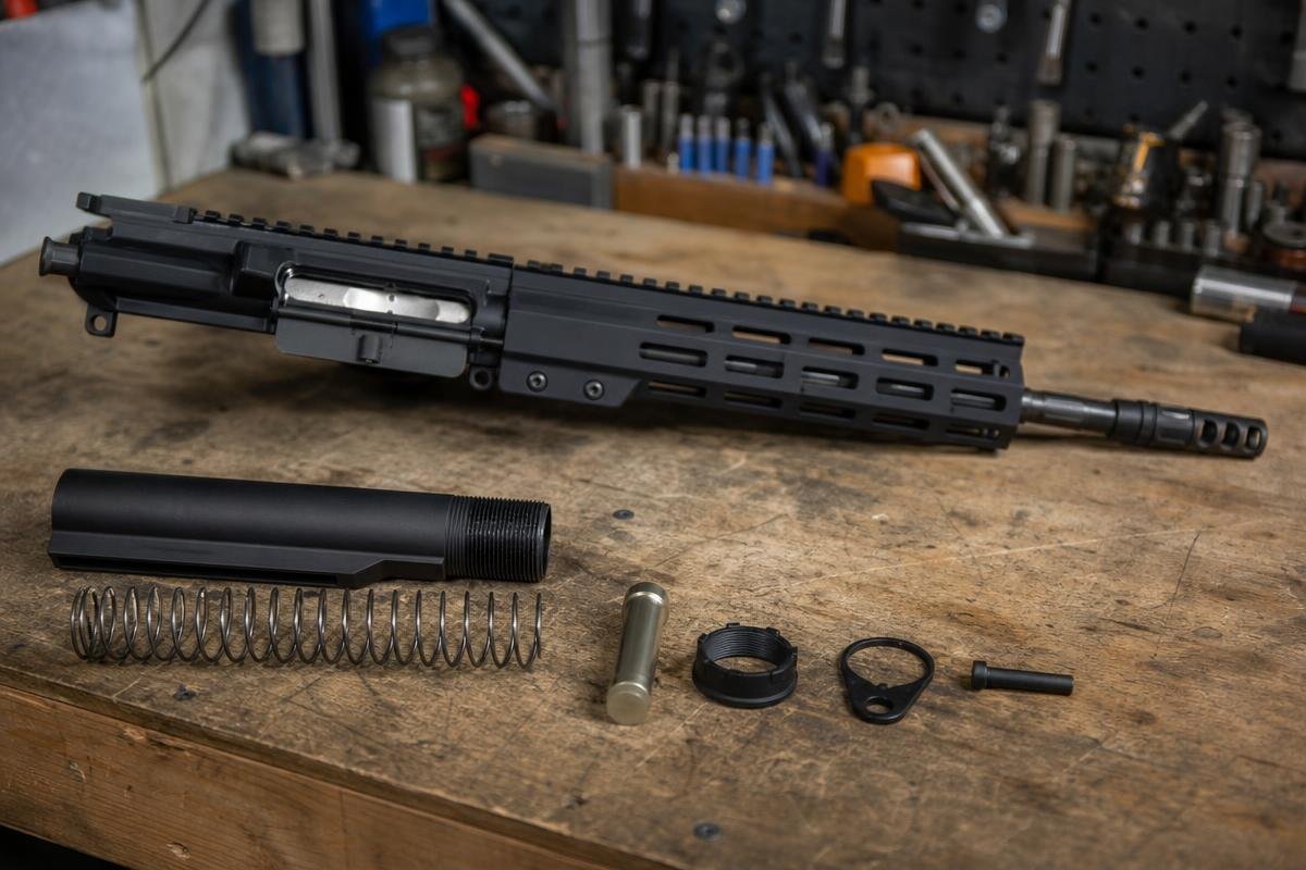 338 ARC recoil management setup showing buffer and spring components for an AR-15 upper build