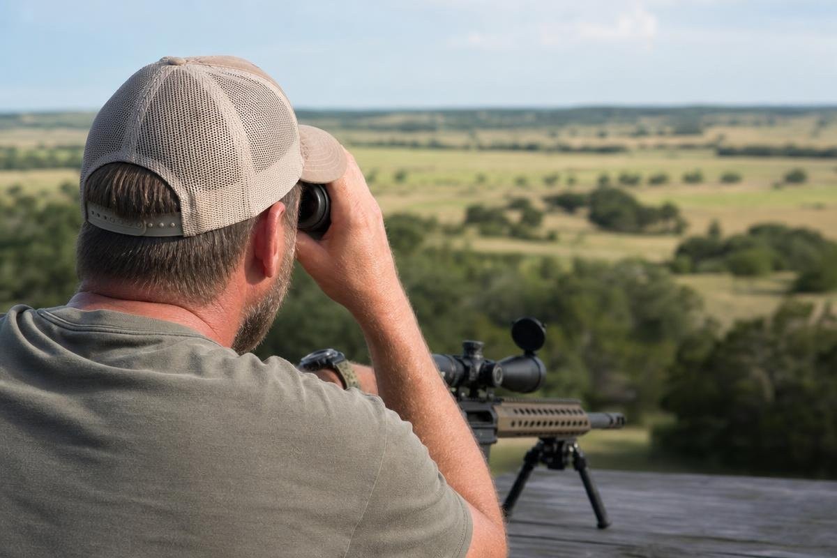 A hunter looking through binoculars at a field with a rifle on a tripod in the foreground.