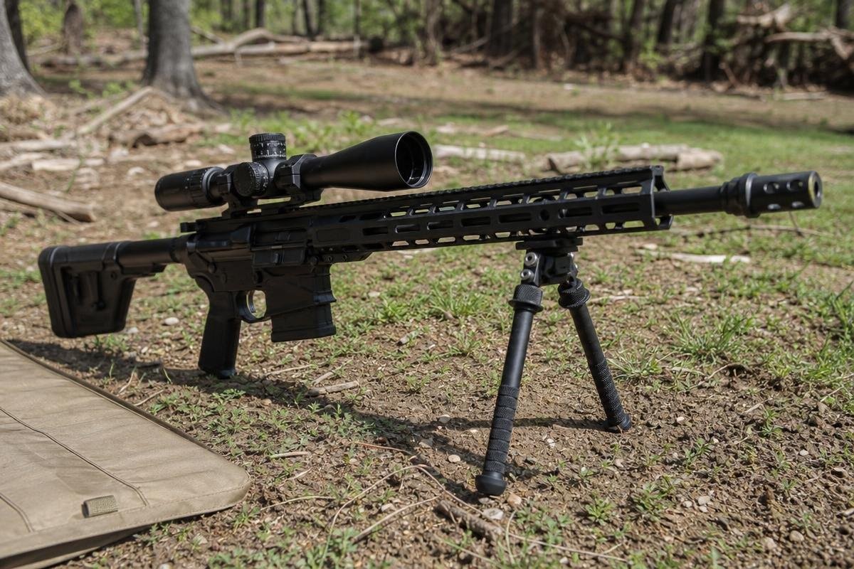 A rifle with a scope and bipod resting on a shooting mat in a grassy field.