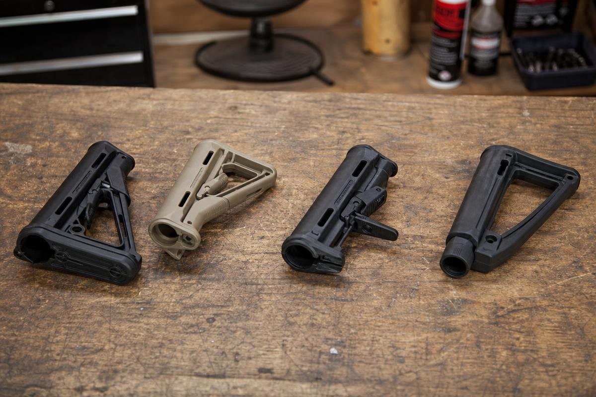 Four different styles of AR-15 collapsible stocks arranged on a wooden workbench.