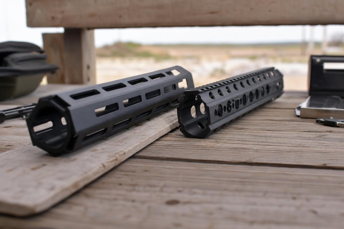 Two different styles of AR-15 handguards resting side by side on a wooden surface.