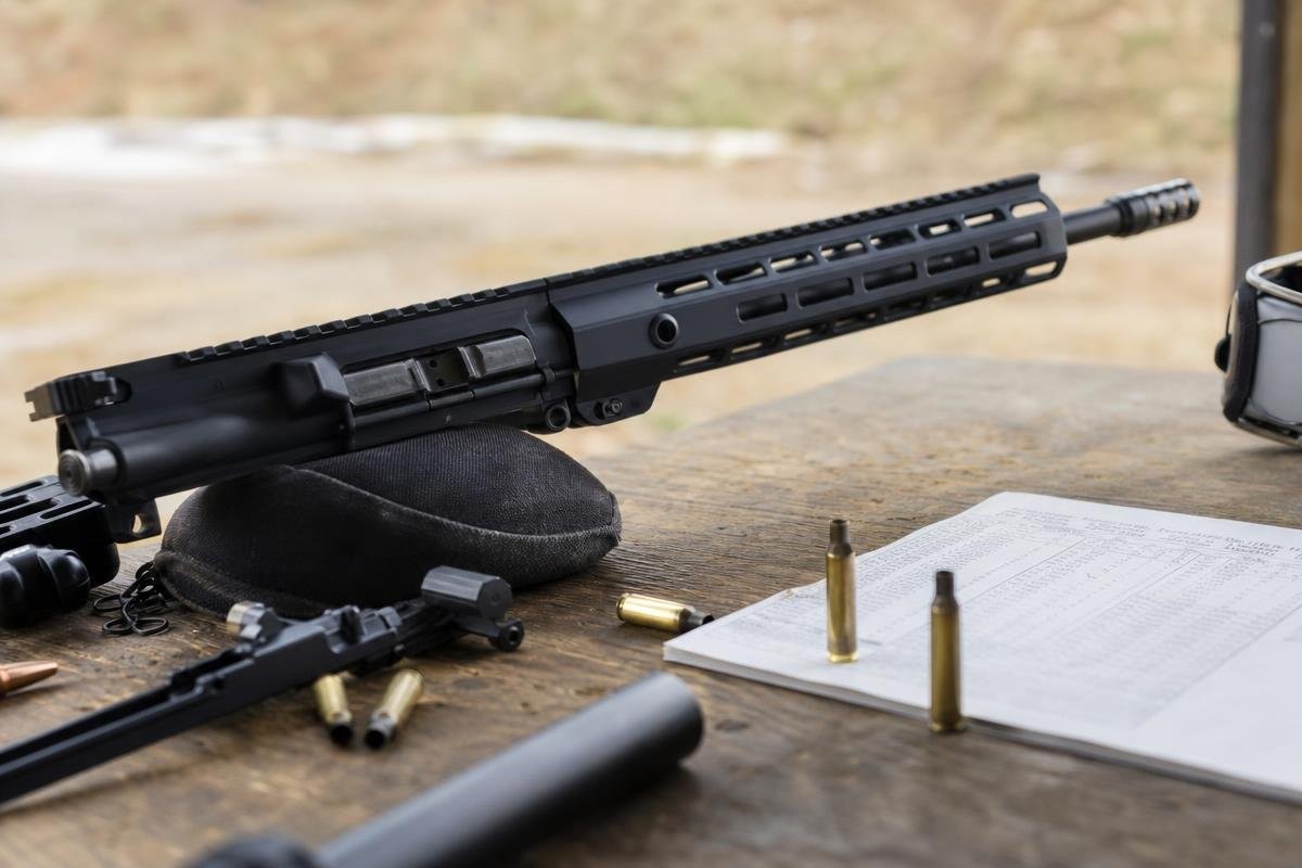 A 6.5 Creedmoor upper receiver assembly resting on a wooden table beside ammunition and a printed ballistics chart.
