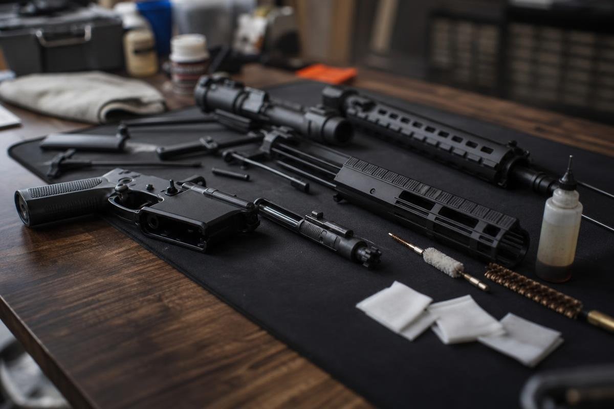 An AR-15 rifle disassembled on a cleaning mat surrounded by brushes, rods, patches, and solvent.