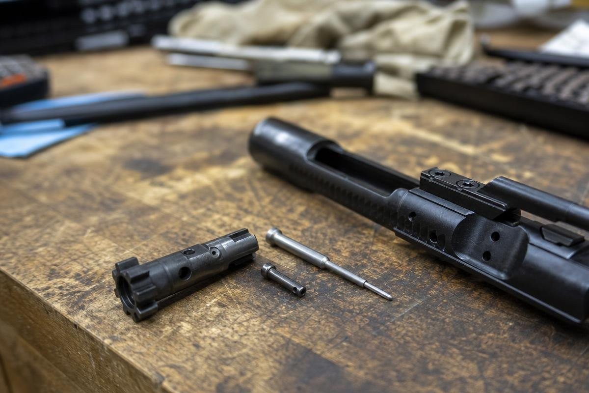 A disassembled bolt carrier group on a wooden workbench showing the bolt, cam pin, and firing pin.