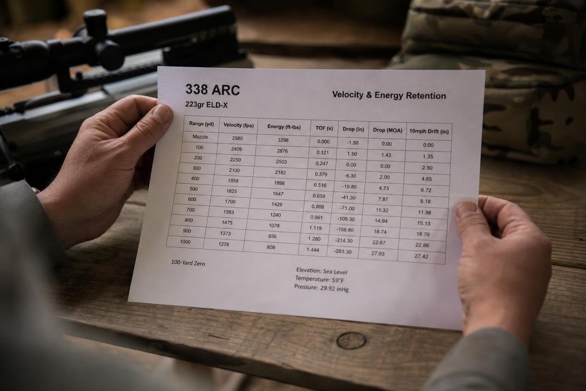 338 ARC long range performance ballistics chart showing supersonic retention at 1,000 yards