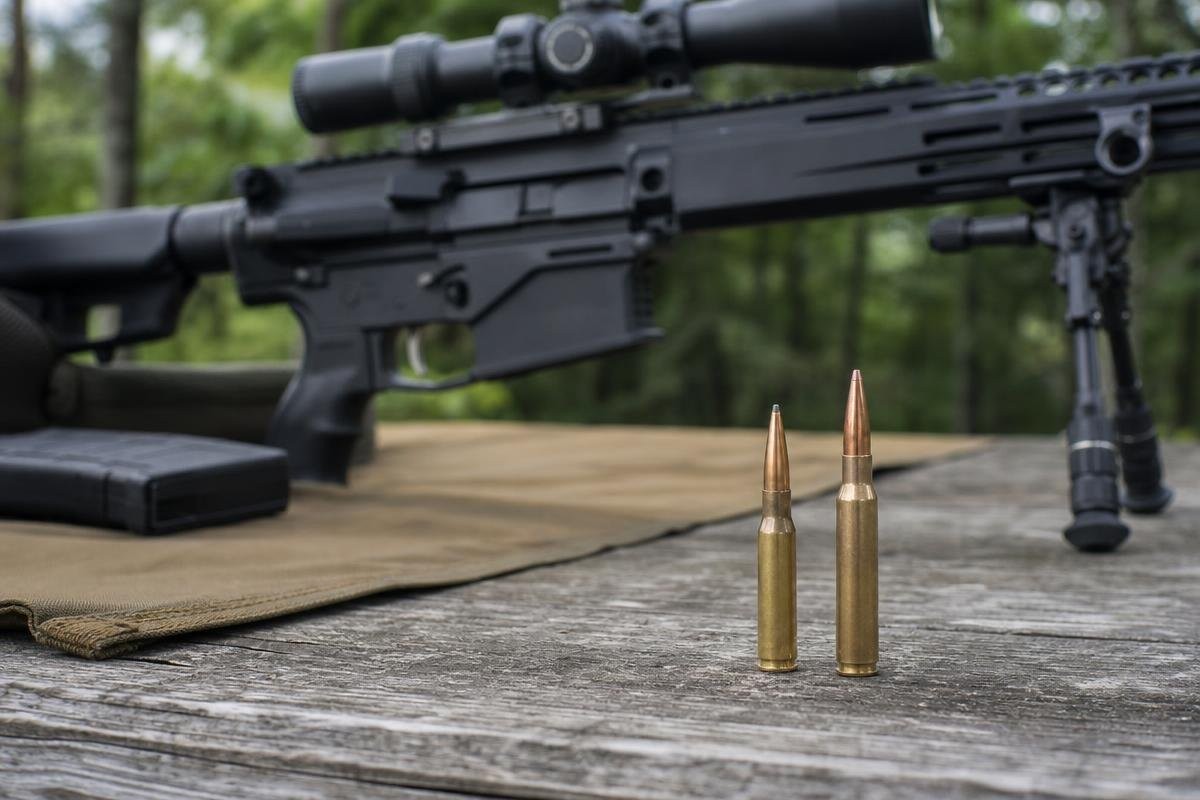 A precision rifle resting on a bipod with two cartridges standing upright in the foreground on a wooden surface.