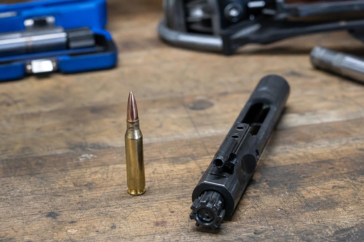 A 338 ARC cartridge standing upright next to an AR-15 bolt carrier group on a wooden workbench.
