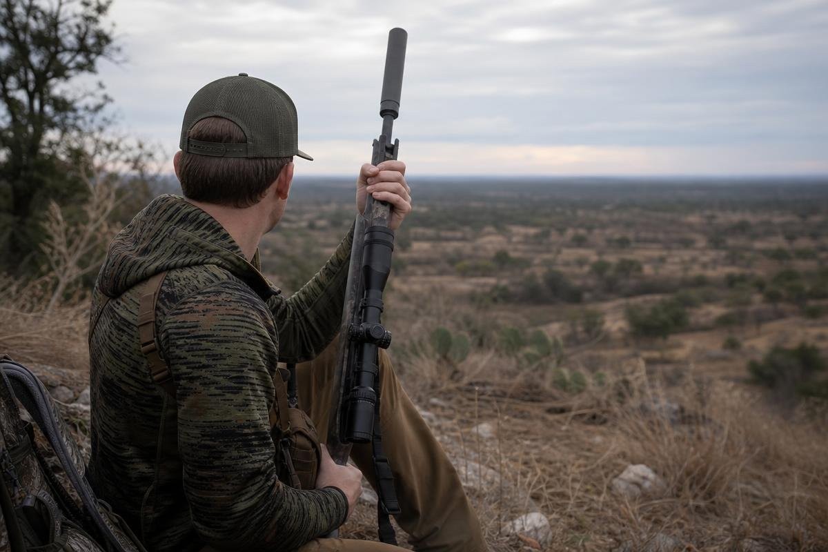 A hunter sitting on a hillside overlooking open country with a suppressed rifle across his lap.