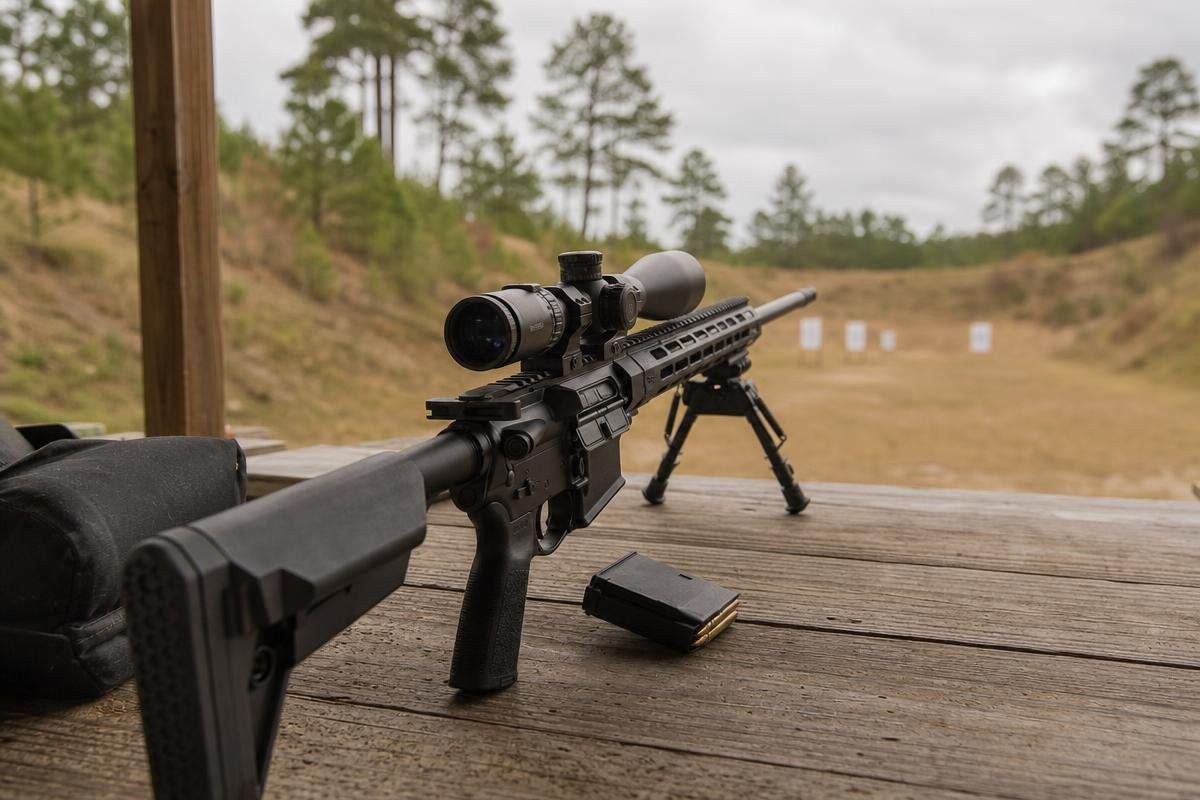 A rifle with a scope and bipod resting on a wooden shooting bench at an outdoor range.