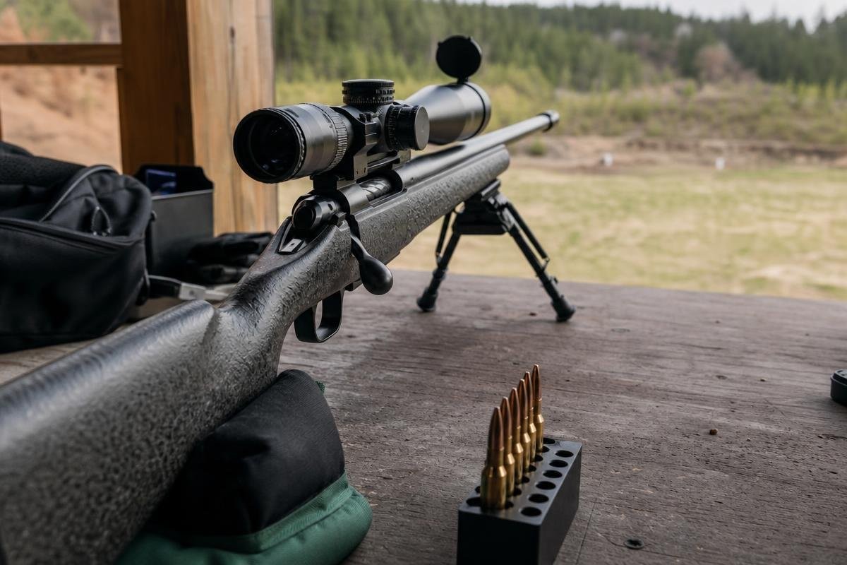 A bolt-action rifle with a scope resting on a shooting bench beside a box of ammunition.
