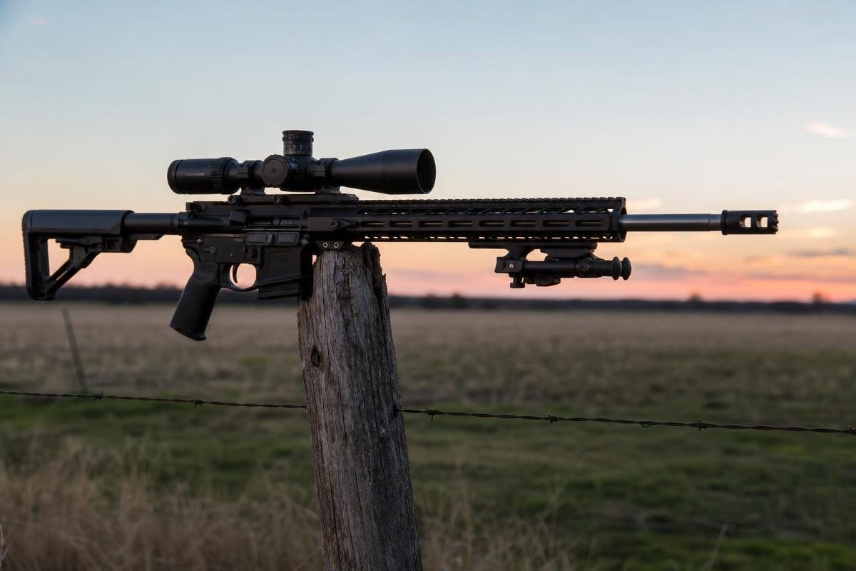A scoped hunting rifle resting on a wooden post in an open field at sunset.