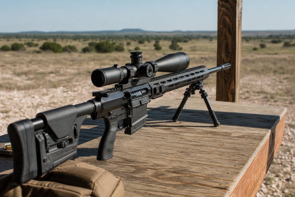 A rifle with a scope and bipod resting on a wooden shooting bench at an outdoor range.