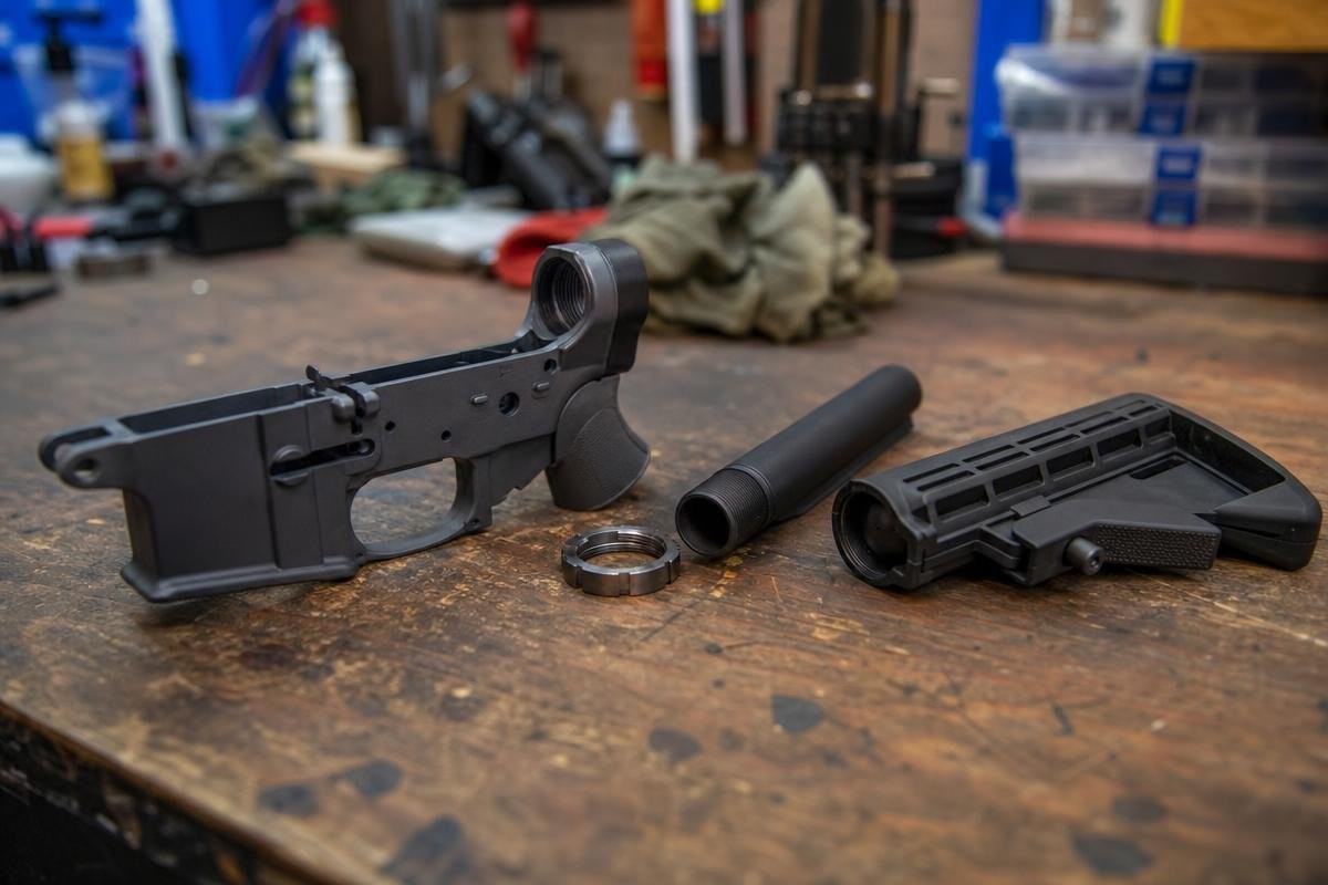 An AR-15 lower receiver, buffer tube, castle nut, and collapsible stock laid out on a workbench.