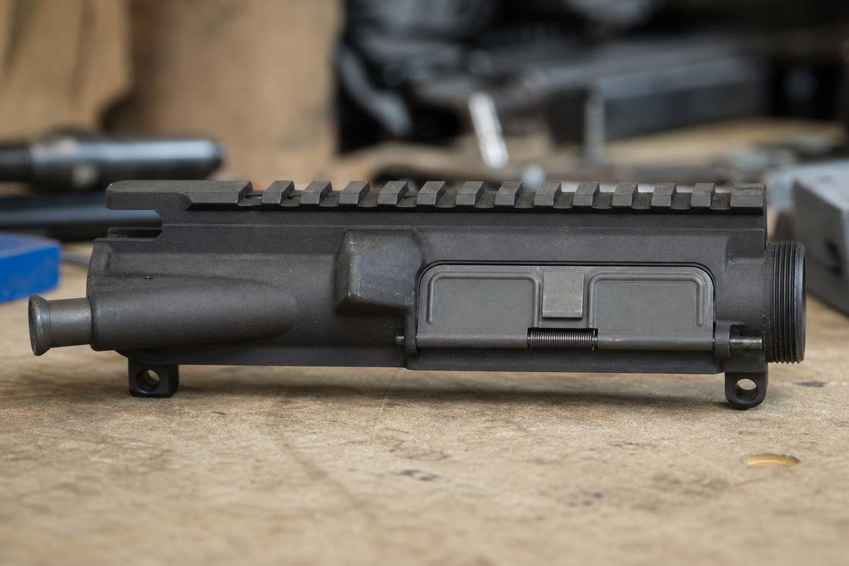 An AR-15 upper receiver with a closed dust cover installed, resting on a workbench.