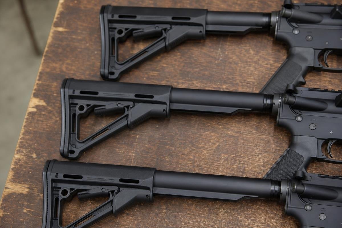 Three AR-15 rifles fitted with collapsible stocks laid out on a wooden surface.