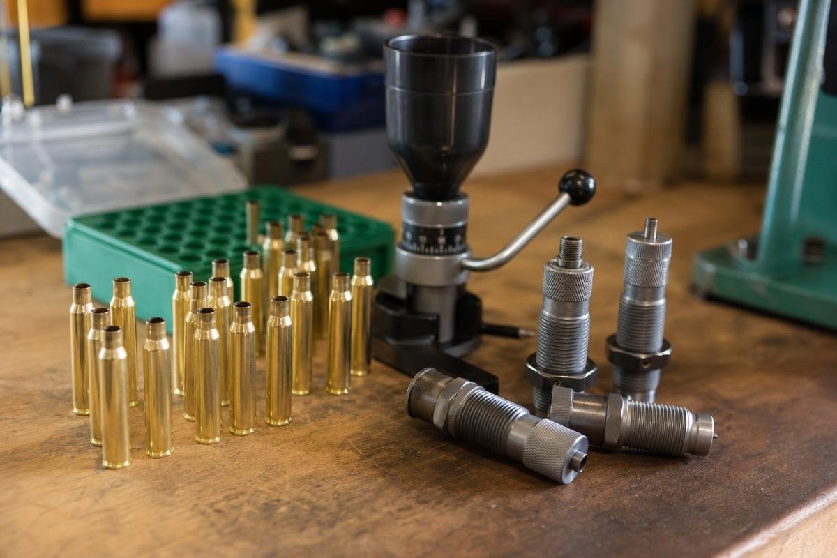 Reloading equipment including brass casings and dies laid out on a workbench.