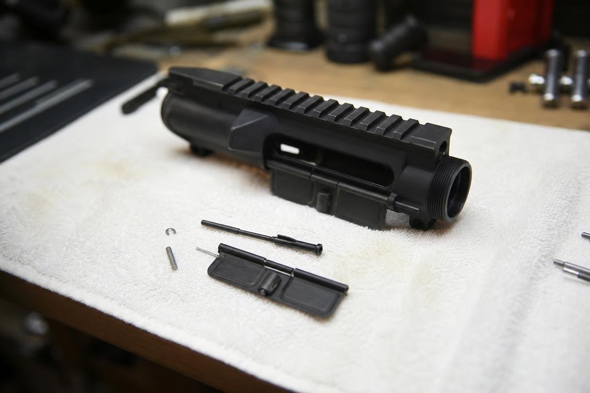 AR-15 upper receiver and dust cover components laid out on a white towel.