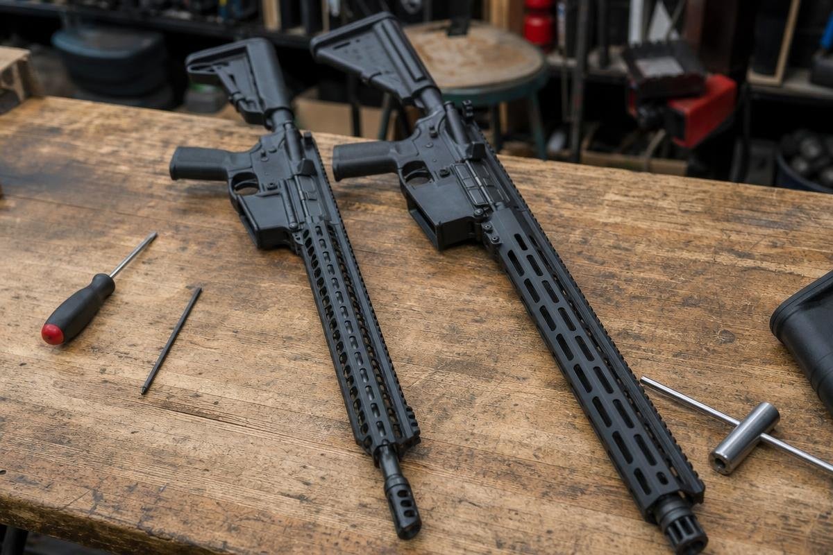 Two AR-style rifles laid out on a wooden workbench with tools.