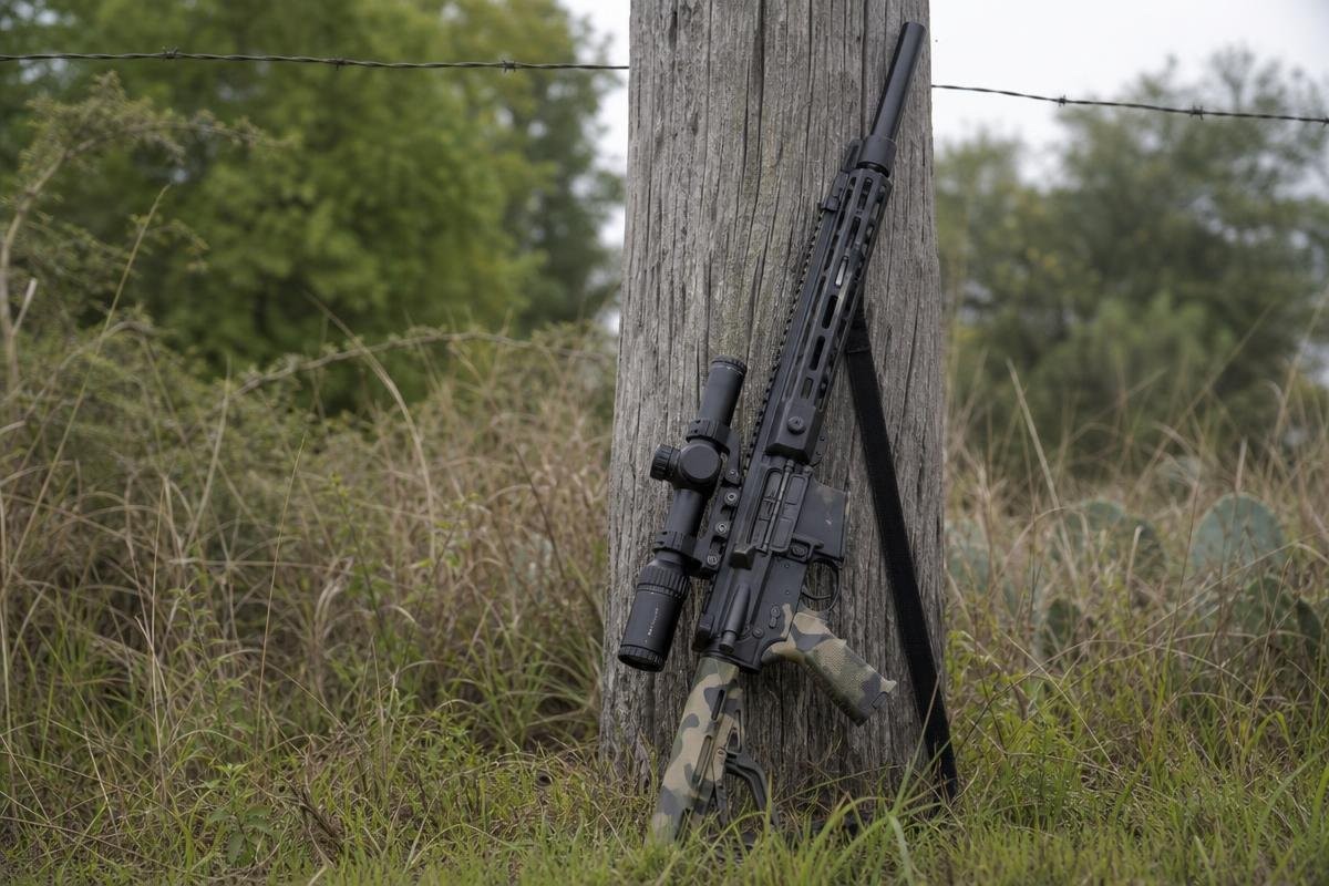 A hunting rifle leaning against a wooden post in an open field at golden hour.