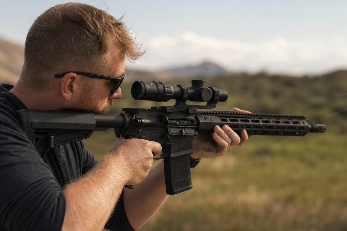 A person aiming a rifle equipped with a low power variable optic in an outdoor setting.
