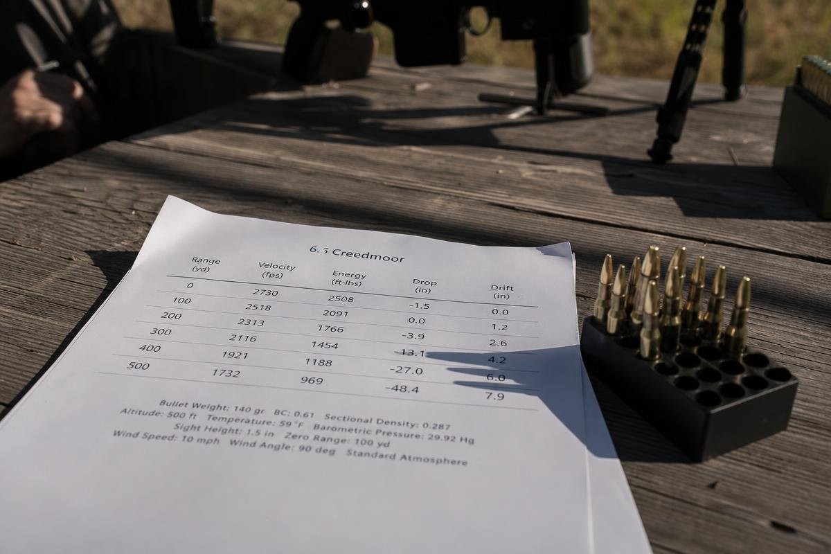 A printed ballistic table for 6.5 Creedmoor on a wooden surface next to a box of ammunition.